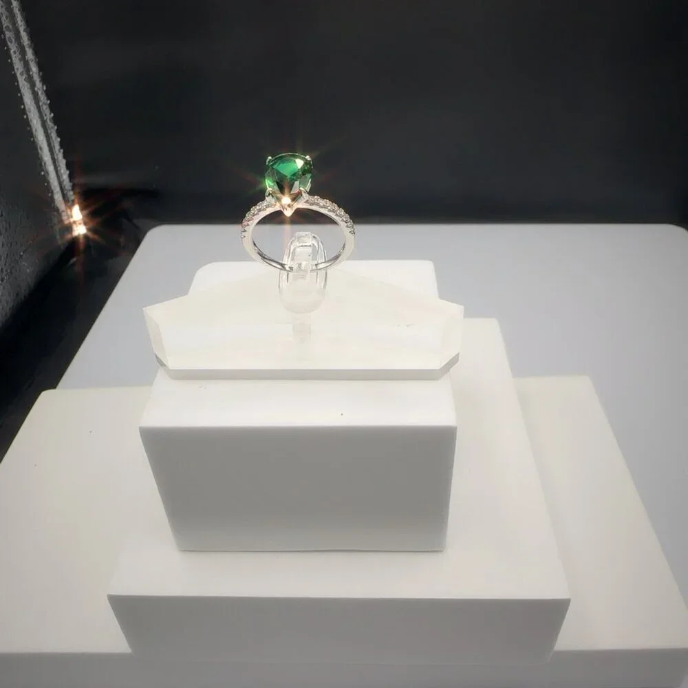 Sterling Silver Ring With Pear-Cut Green Gemstone & Pave Accent Stones